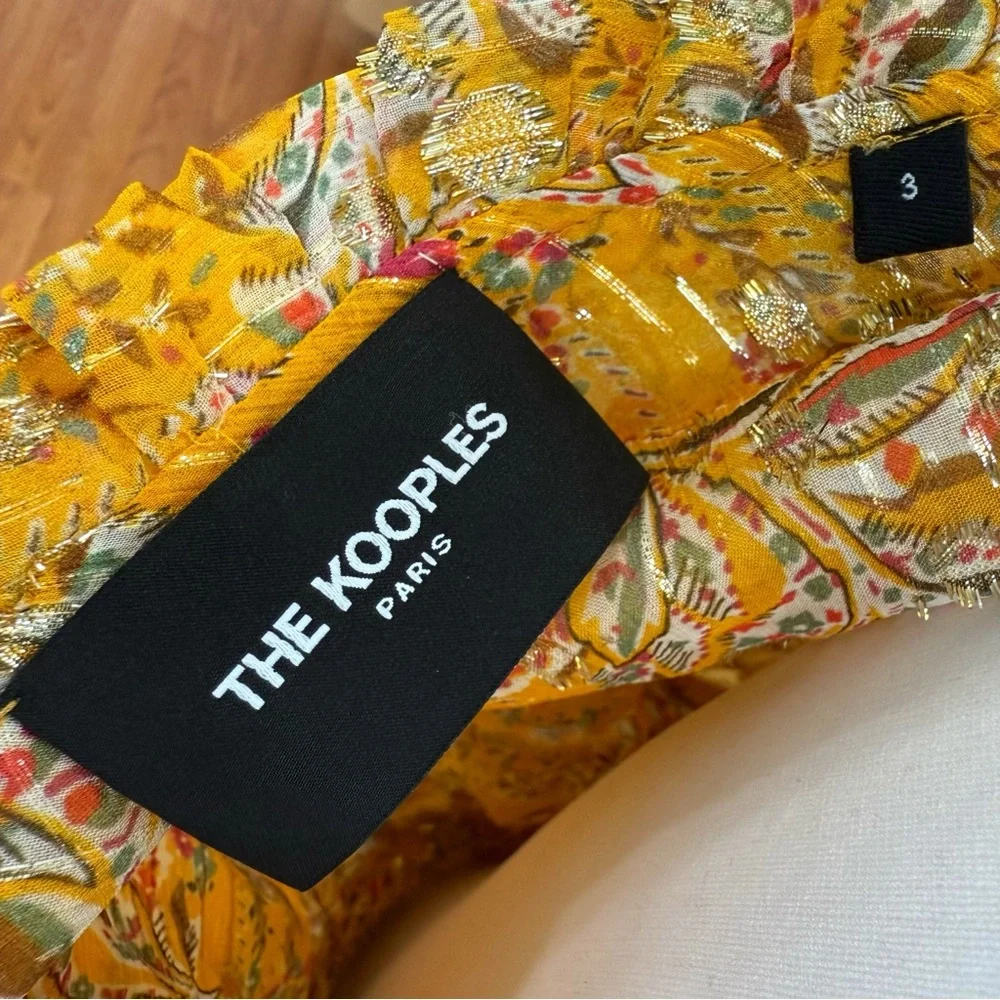 THE KOOPLES FEUILLE D’OR SILK FLORAL METALLIC GOLD YELLOW LONG SLEEVE MINI DRESS - Picture 9 of 15